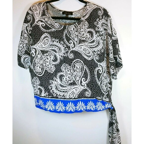 Melissa Paige Medium M Paisley Top Side Tie waist Lightweight black white blue - Picture 6 of 6